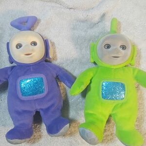 Vintage 1998 Flocked-Face Teletubbies Plush Toys – Set of 2 (Used, Good Conditio